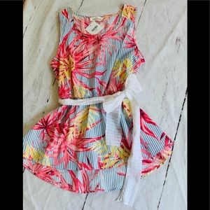 HighLow SeerSucker Striped Top w/ Tropical Flowers
